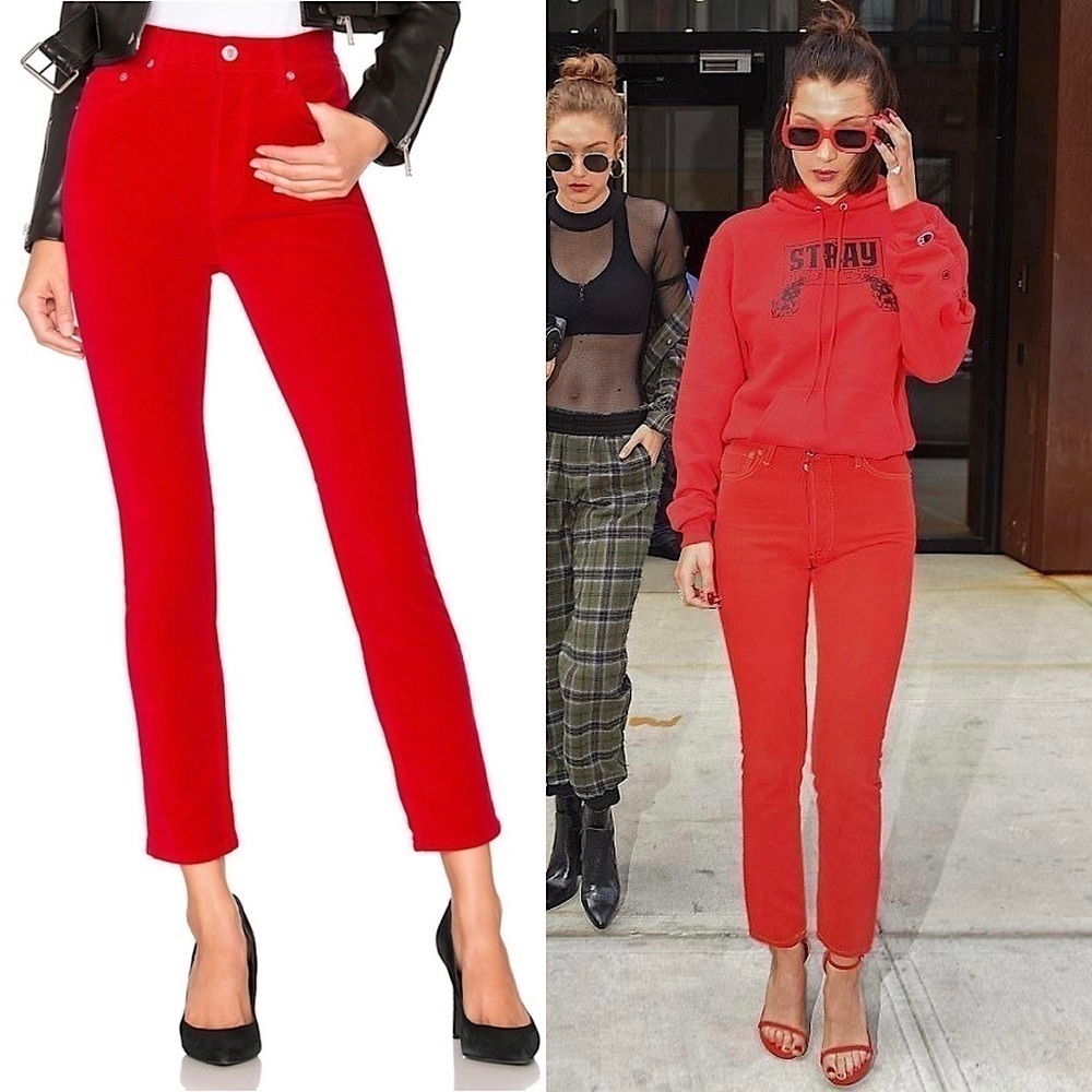 NWT RE/DONE Bella Hadid Red Velvet High Waist Button Fly Ankle Crop Slim Jean 26